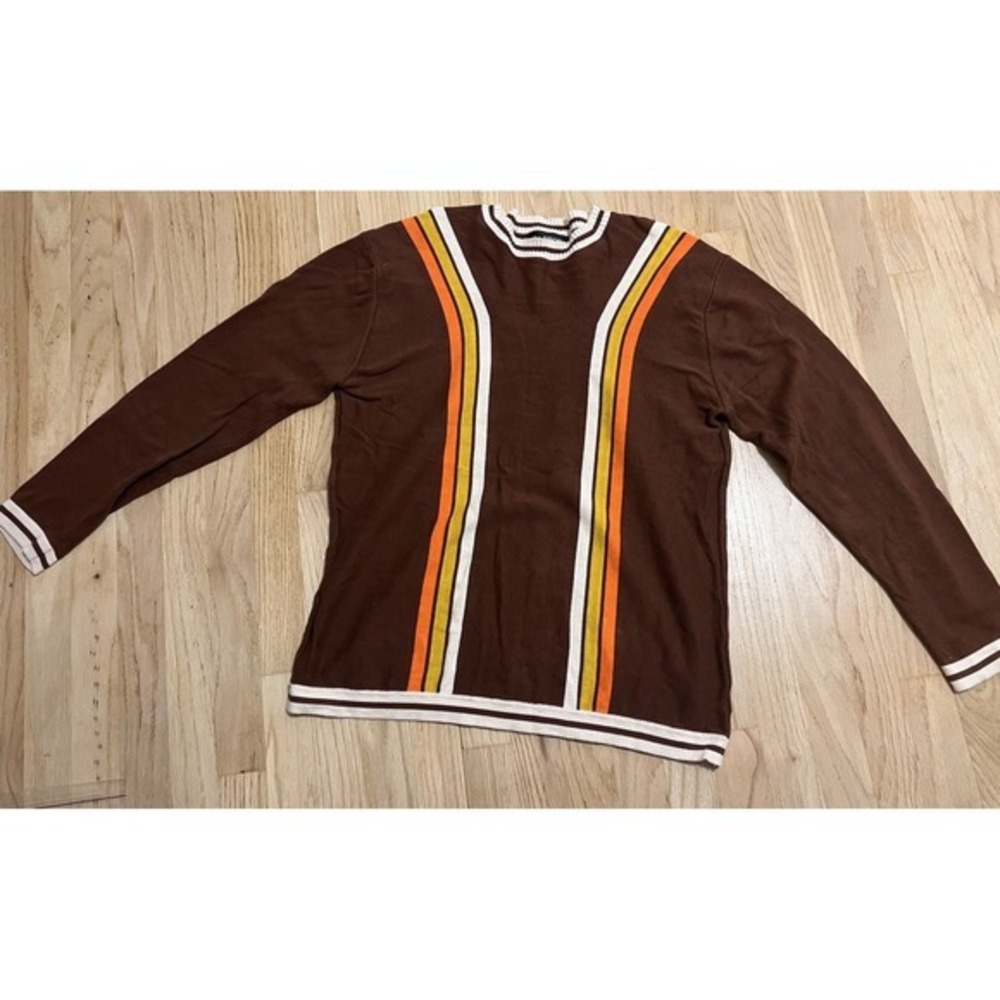 The Shop Brown Retro Vertical Stripe Knit Sweater Mens Large 70s Style Crewneck